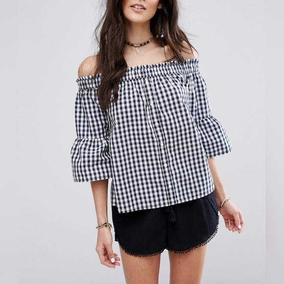 Abercrombie & Fitch Gingham Off Shoulder Button Front Shirt Small - Picture 1 of 7